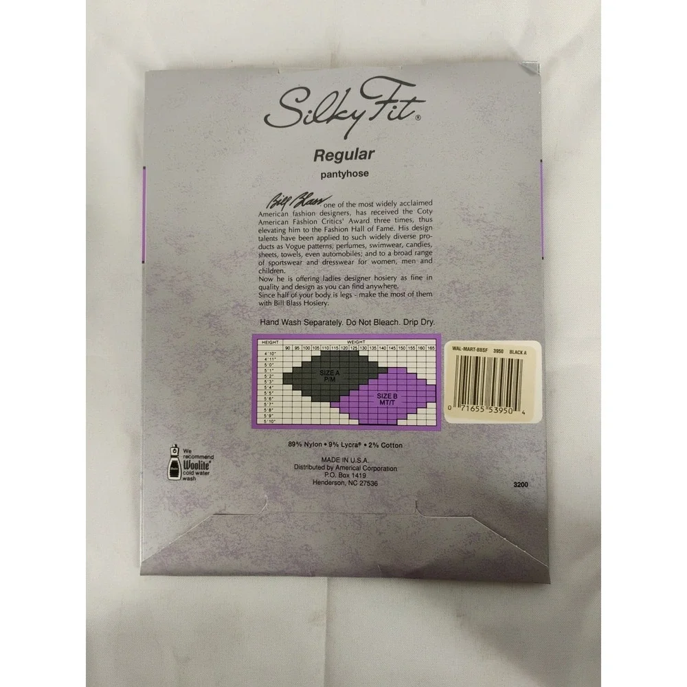 NIP New Bill Blass Silky Fit Pantyhose Size A Black Cotton Lined Sandalfoot 3950